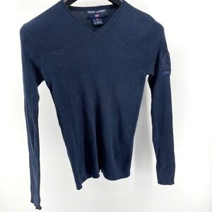 Vintage Ralph Lauren Polo Spot Ribbed Top Women Med Blue Embroidered Horseshoe